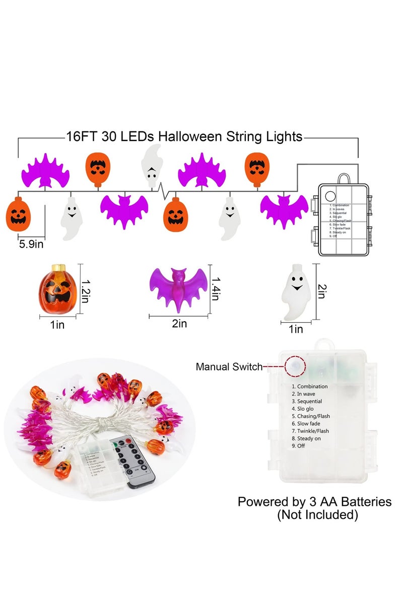 Chielor Halloween String Lights Battery Operated 16 Feet 30 LED 3D Pumpkin Bat Ghost Light with Timer - 8 Lighting Modes Fairy Light for Window Indoor Outdoor Decor Halloween Party Decorations - Image 4