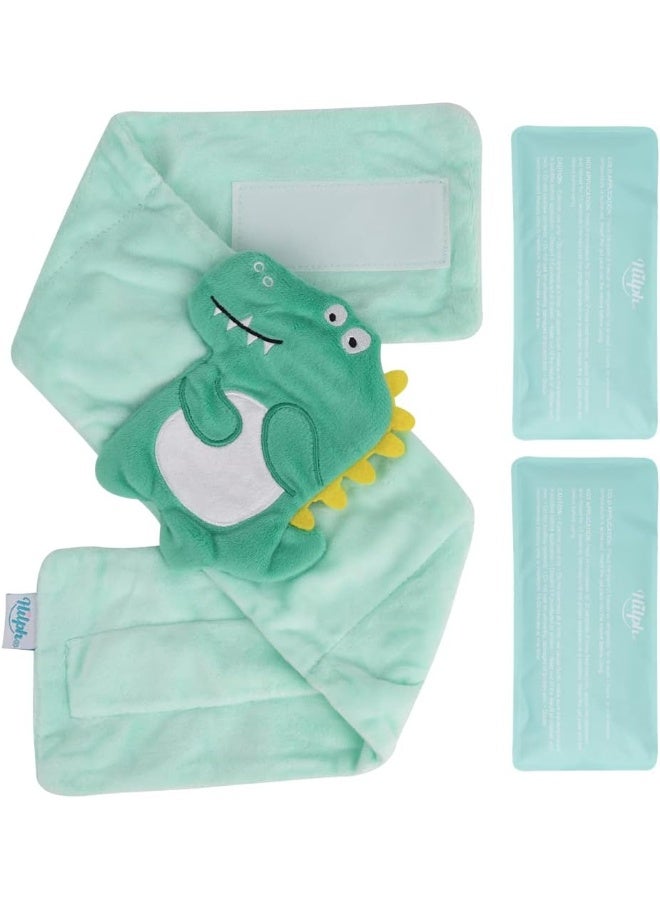 Hilph هيلف لراحة المغص والغازات والمعدة المضطربة للأطفال، لفاف دافئ للبطن مع 2 حزمة هلامية للمواليد والرضع، وسادة تدفئة للأطفال حزام لف طبيعي (ديناصور أخضر) - Image 1