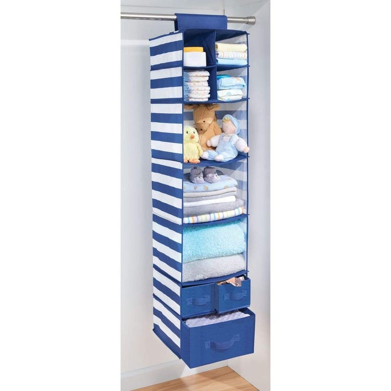 InterDesign ID jr Fabric Hanging Foldable Closet Storage Organizer with Shelves and Pull Out Drawers for Childrens Clothing Blankets Toys Bedding NavyWhite - Image 4