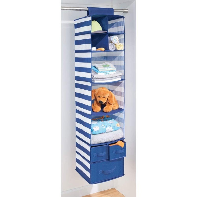 InterDesign ID jr Fabric Hanging Foldable Closet Storage Organizer with Shelves and Pull Out Drawers for Childrens Clothing Blankets Toys Bedding NavyWhite - Image 3