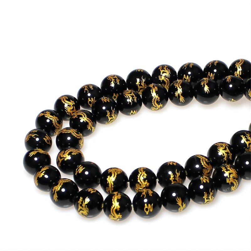 MJDCB Natural Stone Beads 8mm 43pcs Round Black Onyx Carved Dragon Loose Gemstone Bead Charms for Jewelry Making Bracelet Necklace Earring Pendant - Image 3