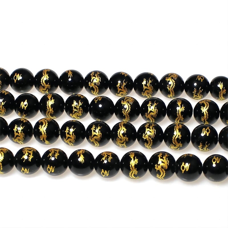 MJDCB Natural Stone Beads 8mm 43pcs Round Black Onyx Carved Dragon Loose Gemstone Bead Charms for Jewelry Making Bracelet Necklace Earring Pendant - Image 4