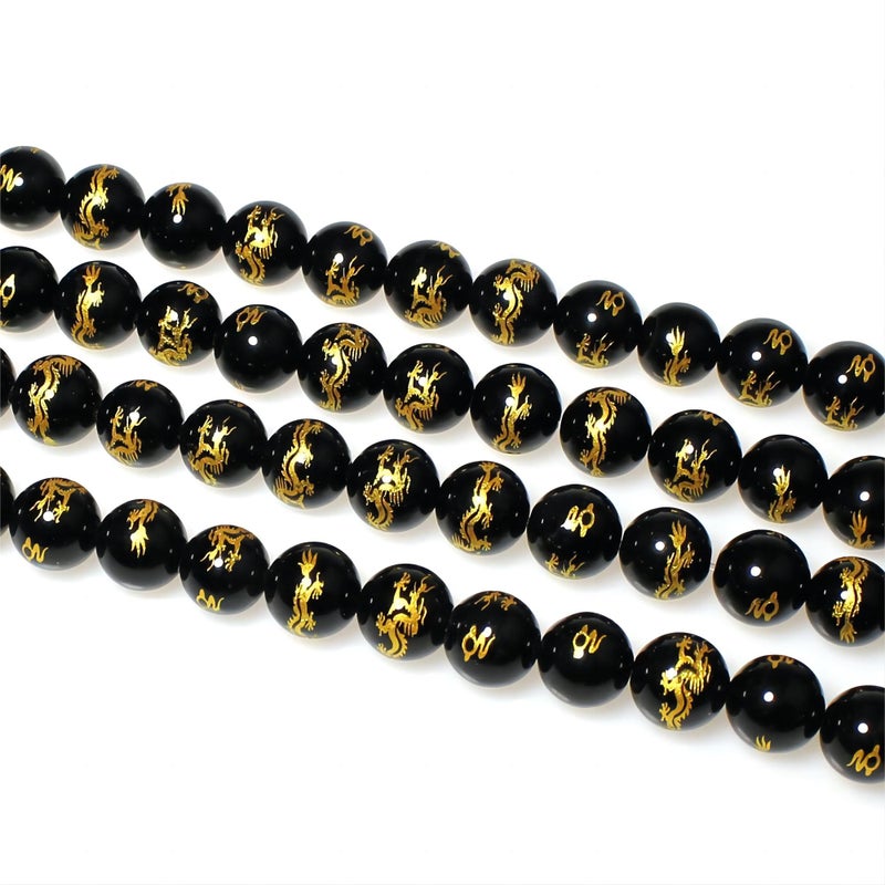 MJDCB Natural Stone Beads 8mm 43pcs Round Black Onyx Carved Dragon Loose Gemstone Bead Charms for Jewelry Making Bracelet Necklace Earring Pendant - Image 5