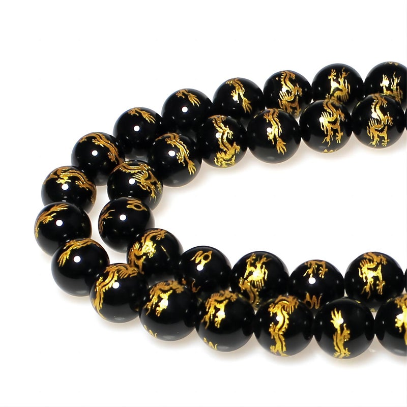 MJDCB Natural Stone Beads 8mm 43pcs Round Black Onyx Carved Dragon Loose Gemstone Bead Charms for Jewelry Making Bracelet Necklace Earring Pendant - Image 1