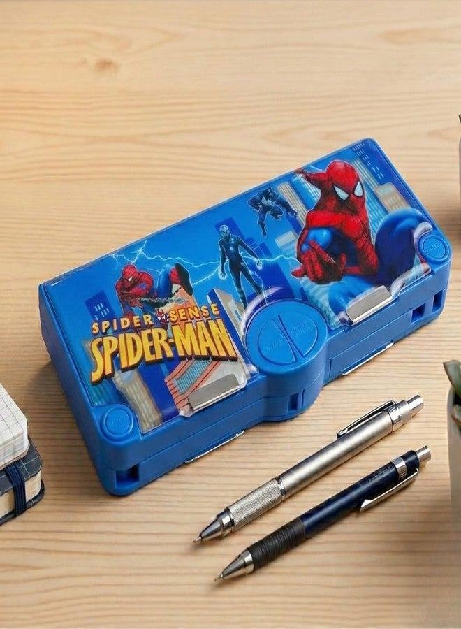 Crafty Cuddle Kids Pencil Box with Dual Side Magnetic Button, Inbuilt Sharpener, Tape Cutter, Scissor Compartment, Unicorn, Superhero and Space Theme (Blue (Spiderhero)) - Image 5