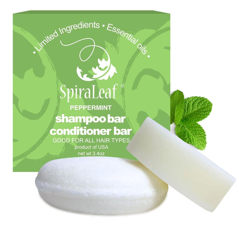 SPIRALEAF Solid Shampoo Bar Conditioner Bar Set PEPPERMINT Essential Oil Limited Ingredients Concentrated Formula FragranceFree DyeFree Premium Hair Care and Shave Bars