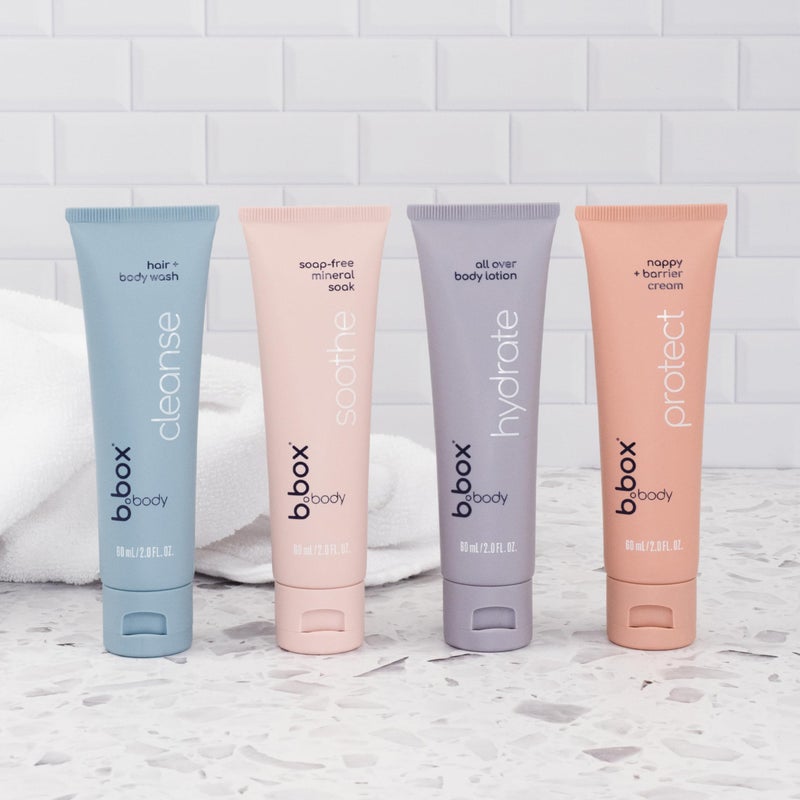 b.box body Bath + Skin Care Minis - Cleanse, Soothe, Hydrate  Protect. 4 Pack of Body Wash, Mineral Soak, Lotion  Diaper Cream. Calming Scents. For Newborns  All Ages. Ideal Baby Gifts. 2 Fl Oz - Image 1