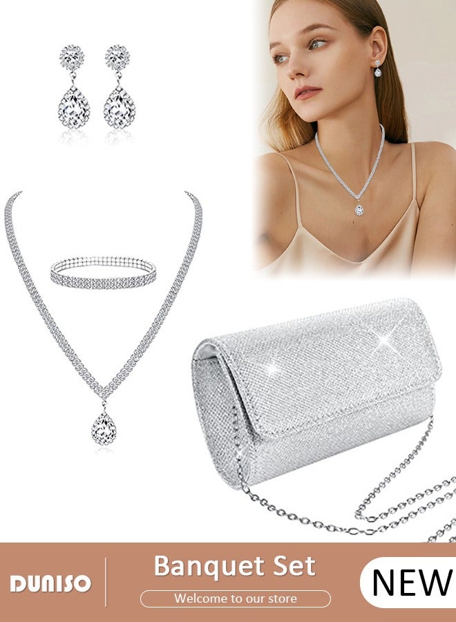 DUNISO 4Pcs Clutch Bag Rhinestone Jewelry Set with Necklace Earrings Bracelets Rhinestone Purse Bag Glitter Evening Bag Wedding Bridal Bridesmaid Costume Jewelry Set for Women and Girls Dress Accessories  - Image 1