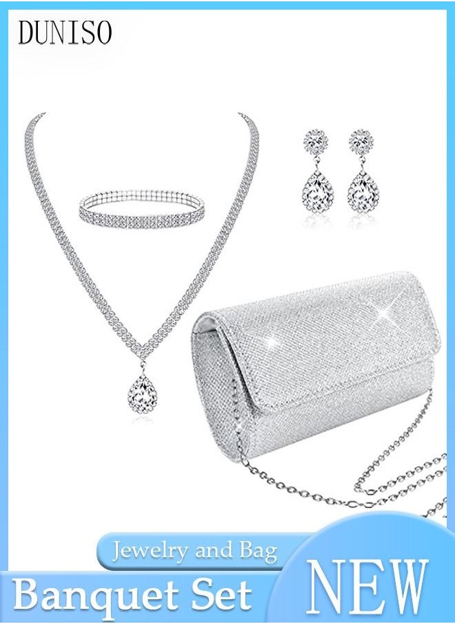 DUNISO 4Pcs Clutch Bag Rhinestone Jewelry Set with Necklace Earrings Bracelets Rhinestone Purse Bag Glitter Evening Bag Wedding Bridal Bridesmaid Costume Jewelry Set for Women and Girls Dress Accessories  - Image 1