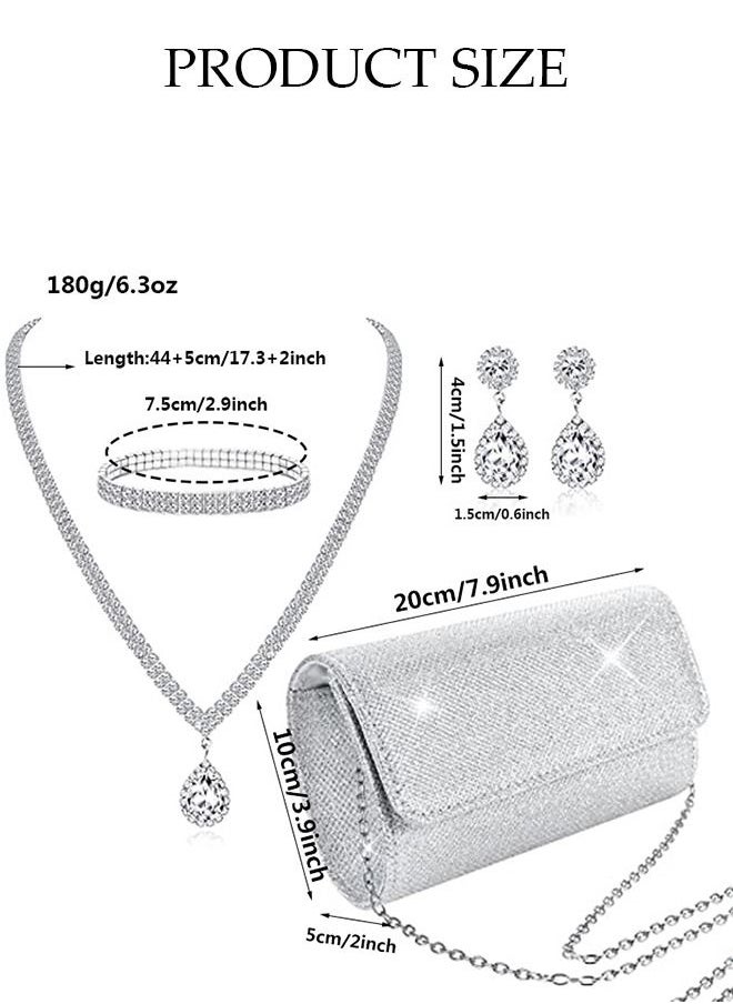 DUNISO 4Pcs Clutch Bag Rhinestone Jewelry Set with Necklace Earrings Bracelets Rhinestone Purse Bag Glitter Evening Bag Wedding Bridal Bridesmaid Costume Jewelry Set for Women and Girls Dress Accessories  - Image 3