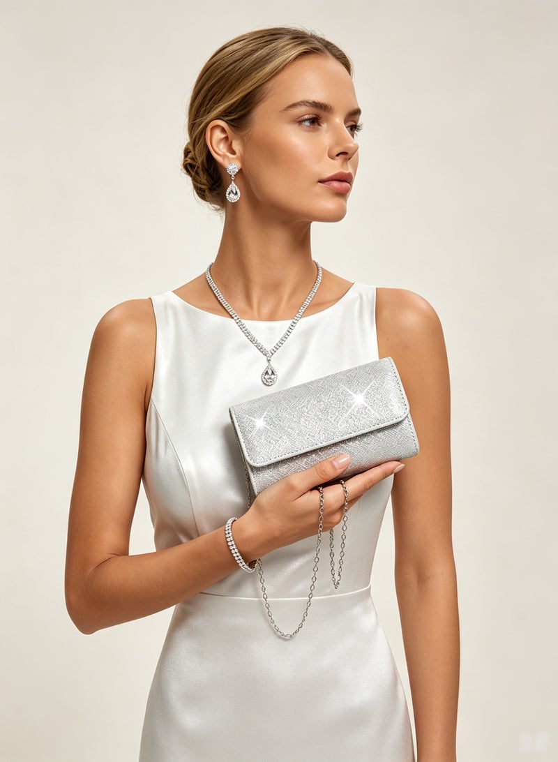 DUNISO 4Pcs Clutch Bag Rhinestone Jewelry Set with Necklace Earrings Bracelets Rhinestone Purse Bag Glitter Evening Bag Wedding Bridal Bridesmaid Costume Jewelry Set for Women and Girls Dress Accessories - Image 1