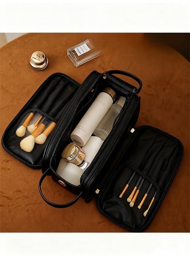 Makeup Bag Travel Toiletry Bag, Small Cosmetic Bag Portable Travel Makeup Bag with Handle, Fashion Canvas Makeup Organizer Bag Water Resistant for Women and Girls (Black ) - Image 2