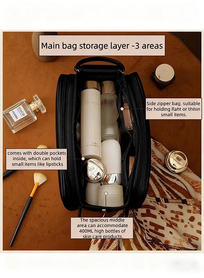 Makeup Bag Travel Toiletry Bag, Small Cosmetic Bag Portable Travel Makeup Bag with Handle, Fashion Canvas Makeup Organizer Bag Water Resistant for Women and Girls (Black ) - Image 4