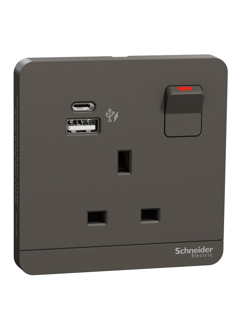 Schneider Electric - Schneider Electric Switched socket with USB charger, Avataron, 21W type A+C, 13A, Dark grey - E8315DACUSB_DG - Image 1