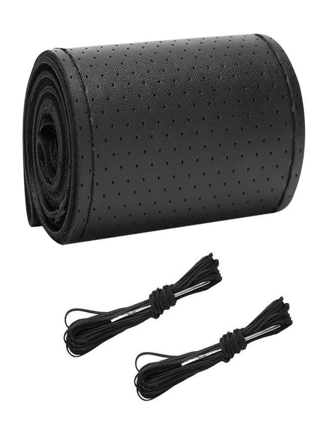 Wevdn Genuine Leather Steering Wheel Cover, Stitch on Wrap, DIY Sewing Steering Wheel Protector, 15 Inch Breathable Non-Slip Steering Wheel Protector, Car Accessories (Black, Full Hole) - Image 1