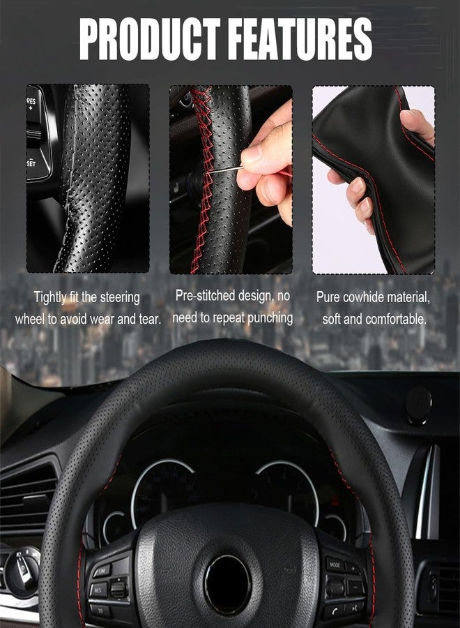 Wevdn Genuine Leather Steering Wheel Cover, Stitch on Wrap, DIY Sewing Steering Wheel Protector, 15 Inch Breathable Non-Slip Steering Wheel Protector, Car Accessories (Black, Full Hole) - Image 3