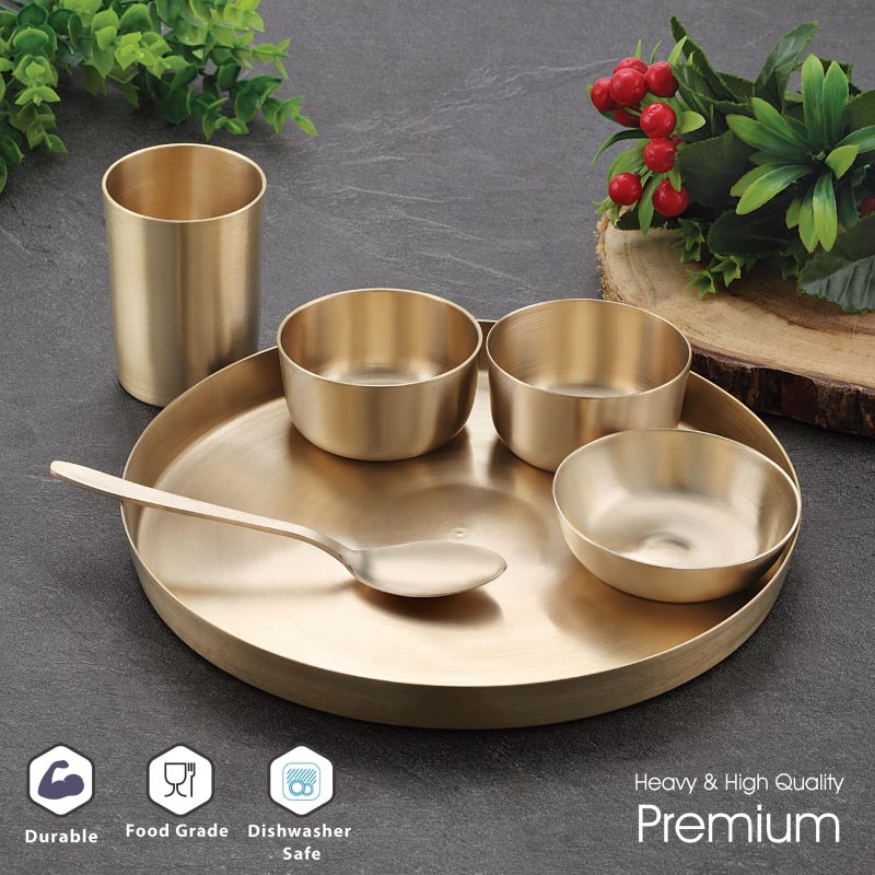 iRiN By Dr.WaterR Pure Original Bronze/Kansa Dinner Set | Kitchen Set | Ideal for Home | Restaurant | Wedding | Gifting | Occasions | 1 Full Plate 2 Bowls 1 Dessert Plate 1 Glass 1 Spoon |Pack of 6pcs - Image 2