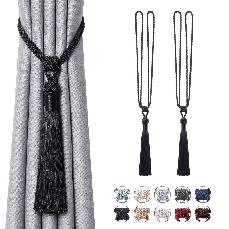 NICEEC 2 Pack Long Tassel Curtain Tiebacks Handmade Braided Rope Knot Drape Tie Backs European Style Decorative Curtain Holdbacks for Home  Office Window Drapery Black