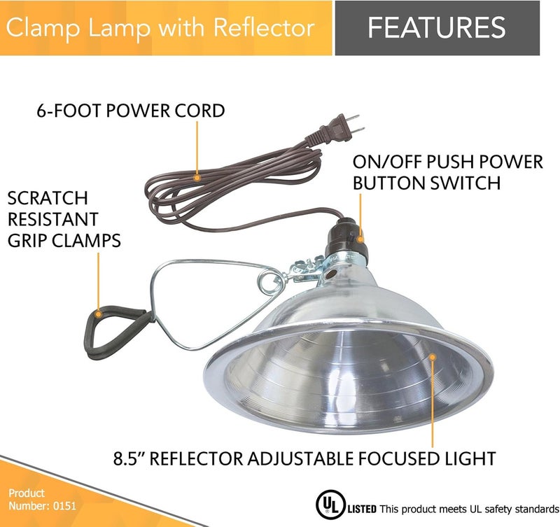 Woods 0151 Brooder Clamp Lamp with 8.5-Inch Aluminum Reflector and Bulb Guard - 150-Watt Portable Light Source with 6-Foot Cord - Image 3