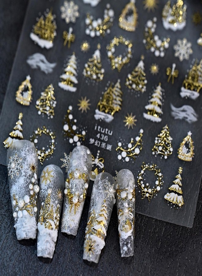 TailaiMei Embossed Christmas Nail Decals Stickers, Gold Xmas Tree Self-Adhesive Snow Nail Art Decorations, Design for Snowflake Snowman (2510, 1 Sheets) - Image 2