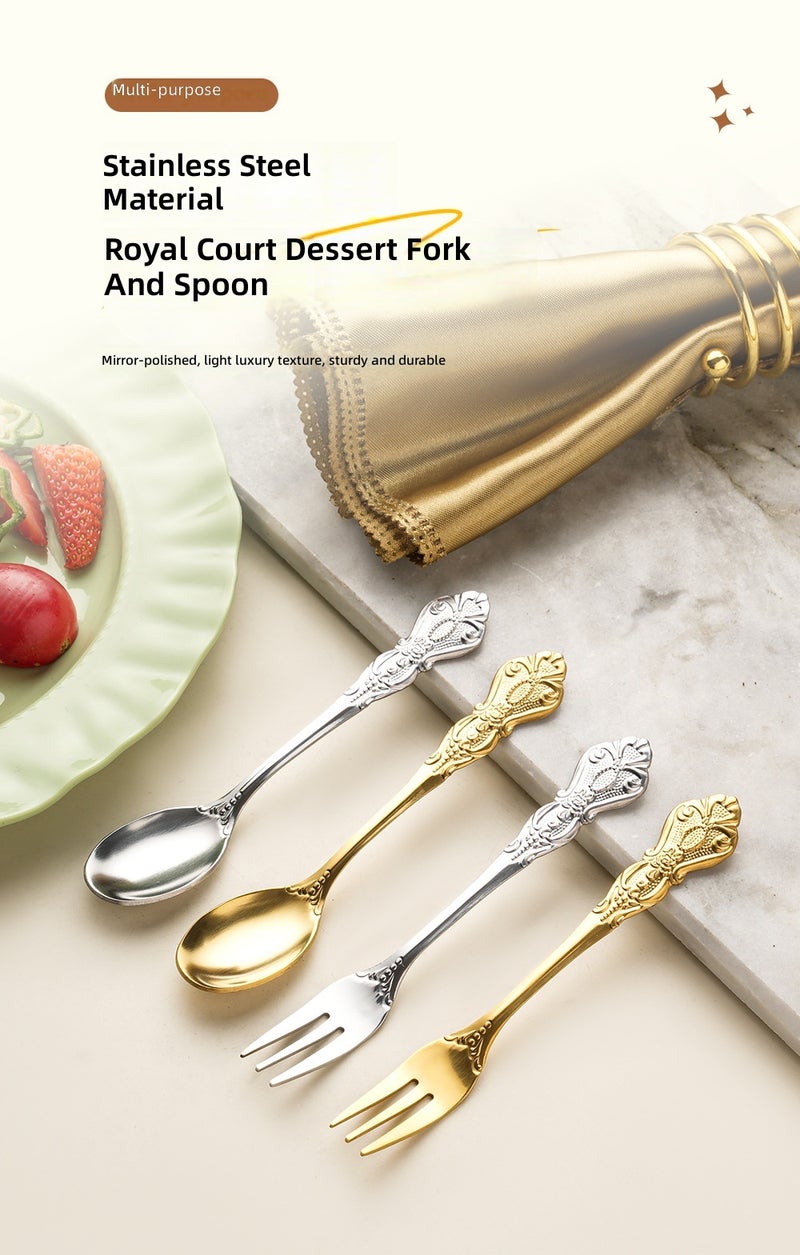 طقم ملعقة قهوة وشوكة حلويات من الستانلس ستيل العتيق، أدوات مائدة ذهبية منقوشة على طراز ريترو للمطبخ المنزلي - Image 2