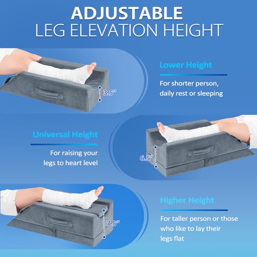 Wellsin 4-Height Adjustable Leg Elevation Pillows for After Surgery, Knee and Ankle Injuries, Memory Foam Leg Wedge Pillow with 3 Handles, 1 Insert Pad and Washable Velvet Cover - Image 4