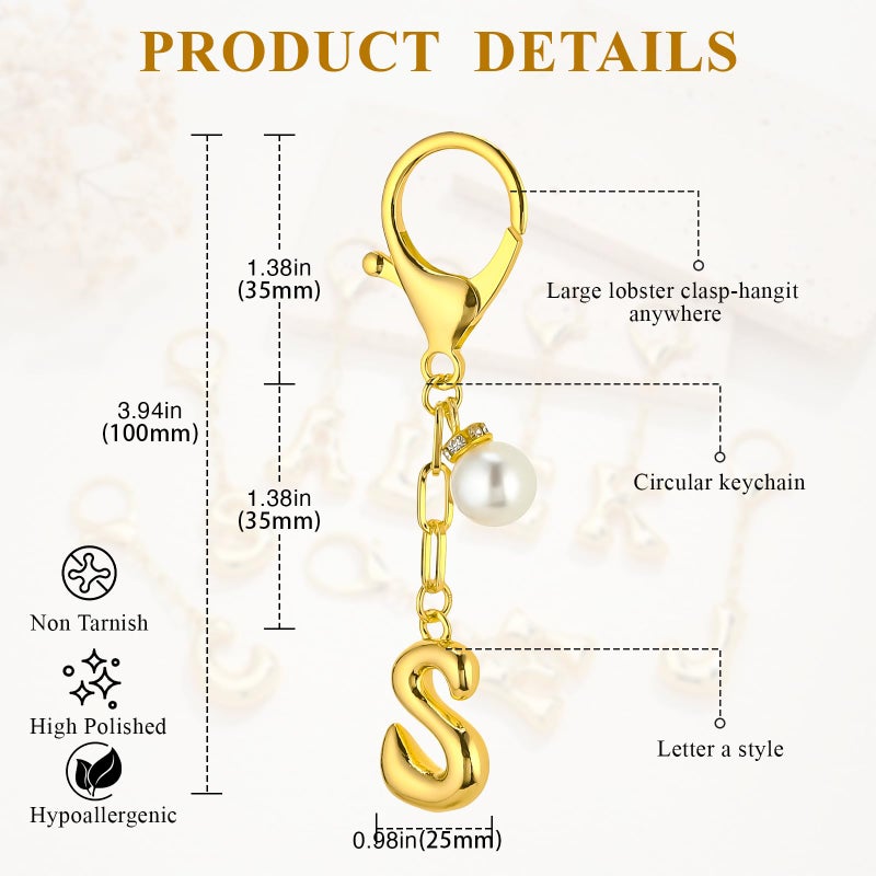 VICKHU Gold Plated Initial Letter Keychain for Women Car Key Purse Decorative Keyring Handbag Charms Fashion Cute Keychain (S, Gold-Pearl) - Image 2