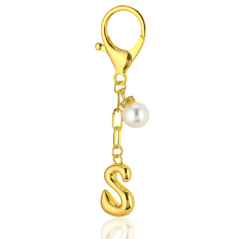 VICKHU Gold Plated Initial Letter Keychain for Women Car Key Purse Decorative Keyring Handbag Charms Fashion Cute Keychain (S, Gold-Pearl) - Image 1