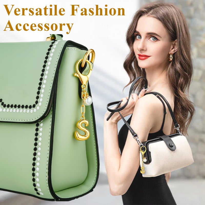 VICKHU Gold Plated Initial Letter Keychain for Women Car Key Purse Decorative Keyring Handbag Charms Fashion Cute Keychain (S, Gold-Pearl) - Image 3