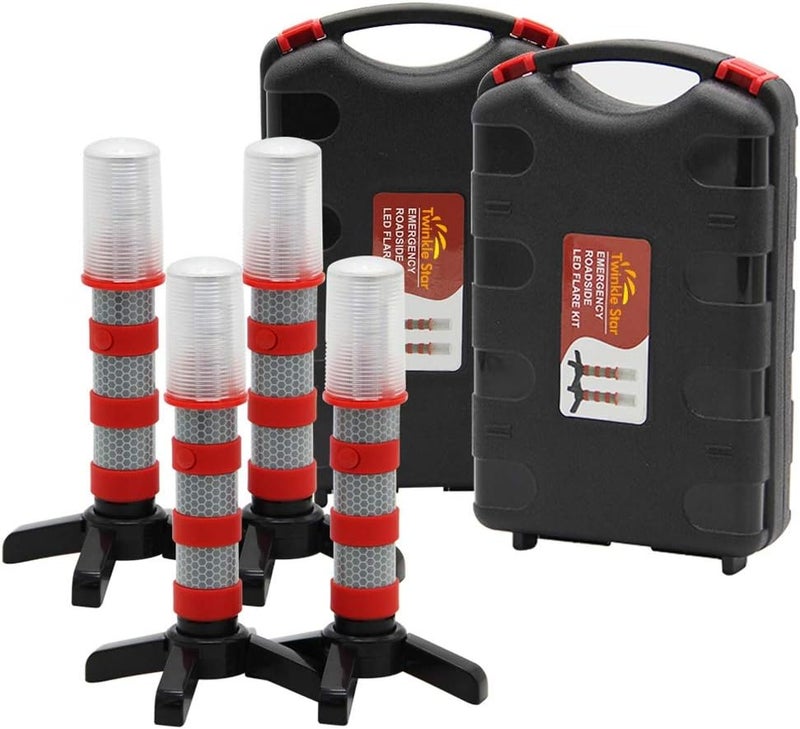 Twinkle Star Emergency Roadside Flares Kit - LED Safety Strobe Road Warning Light with Magnetic Base and Storage Case (Set of 4) - Image 1