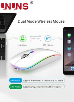 UNUNS LED Wireless Bluetooth Silent Mouse,Silent Rechargeable Dual Mode BT5.0 And 2.4G Computer Mice With USB Receiver And Type C Adapter,Quick Precise Control PC/iOS/Android/Windows,White  - Image 3
