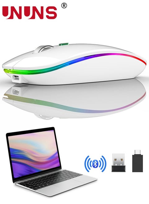 ماوس LED لاسلكي بلوتوث صامت، وضع مزدوج صامت قابل لإعادة الشحن BT5.0 و2.4G فأرة كمبيوتر مع مستقبل USB ومحول من النوع C، تحكم سريع ودقيق للكمبيوتر/iOS/Android/Windows، أبيض