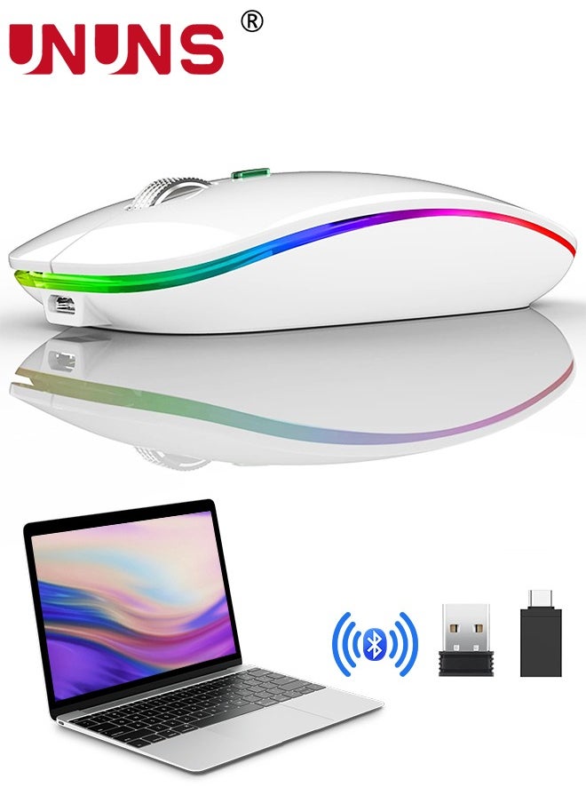 UNUNS - LED Wireless Bluetooth Silent Mouse,Silent Rechargeable Dual Mode BT5.0 And 2.4G Computer Mice With USB Receiver And Type C Adapter,Quick Precise Control PC/iOS/Android/Windows,White - Image 1