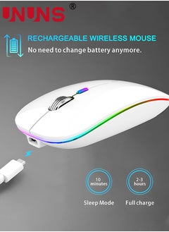 UNUNS LED Wireless Bluetooth Silent Mouse,Silent Rechargeable Dual Mode BT5.0 And 2.4G Computer Mice With USB Receiver And Type C Adapter,Quick Precise Control PC/iOS/Android/Windows,White  - Image 4