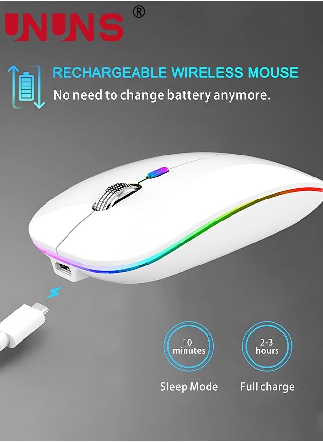 UNUNS - LED Wireless Bluetooth Silent Mouse,Silent Rechargeable Dual Mode BT5.0 And 2.4G Computer Mice With USB Receiver And Type C Adapter,Quick Precise Control PC/iOS/Android/Windows,White - Image 1