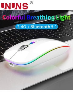UNUNS LED Wireless Bluetooth Silent Mouse,Silent Rechargeable Dual Mode BT5.0 And 2.4G Computer Mice With USB Receiver And Type C Adapter,Quick Precise Control PC/iOS/Android/Windows,White  - Image 2