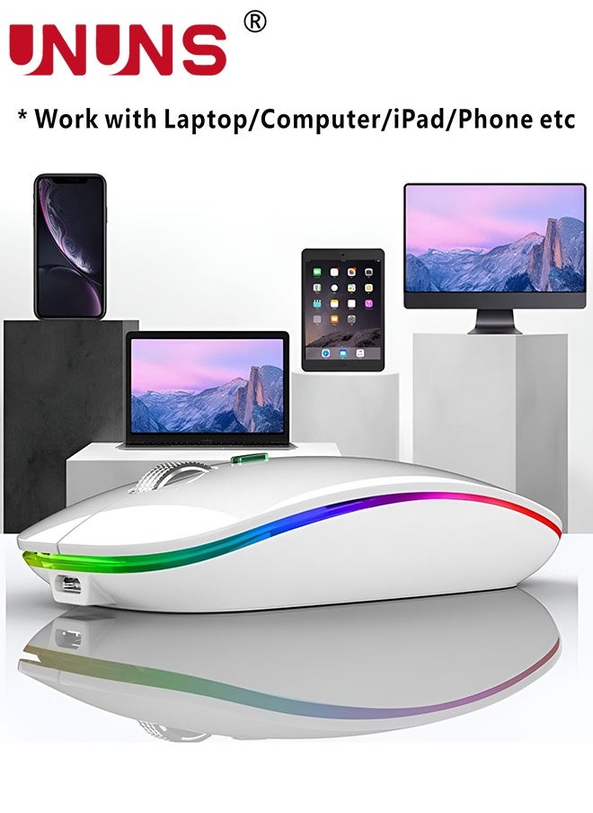 UNUNS - LED Wireless Bluetooth Silent Mouse,Silent Rechargeable Dual Mode BT5.0 And 2.4G Computer Mice With USB Receiver And Type C Adapter,Quick Precise Control PC/iOS/Android/Windows,White - Image 1