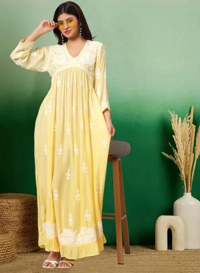 Alaya Hand Embroidered Chikankari A-Line Gathering Pattern Muslin Jalabiya-AL4002