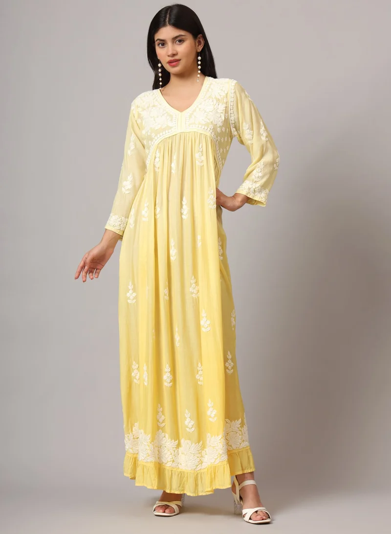 Alaya Hand Embroidered Chikankari A-Line Gathering Pattern Muslin Jalabiya-AL4002