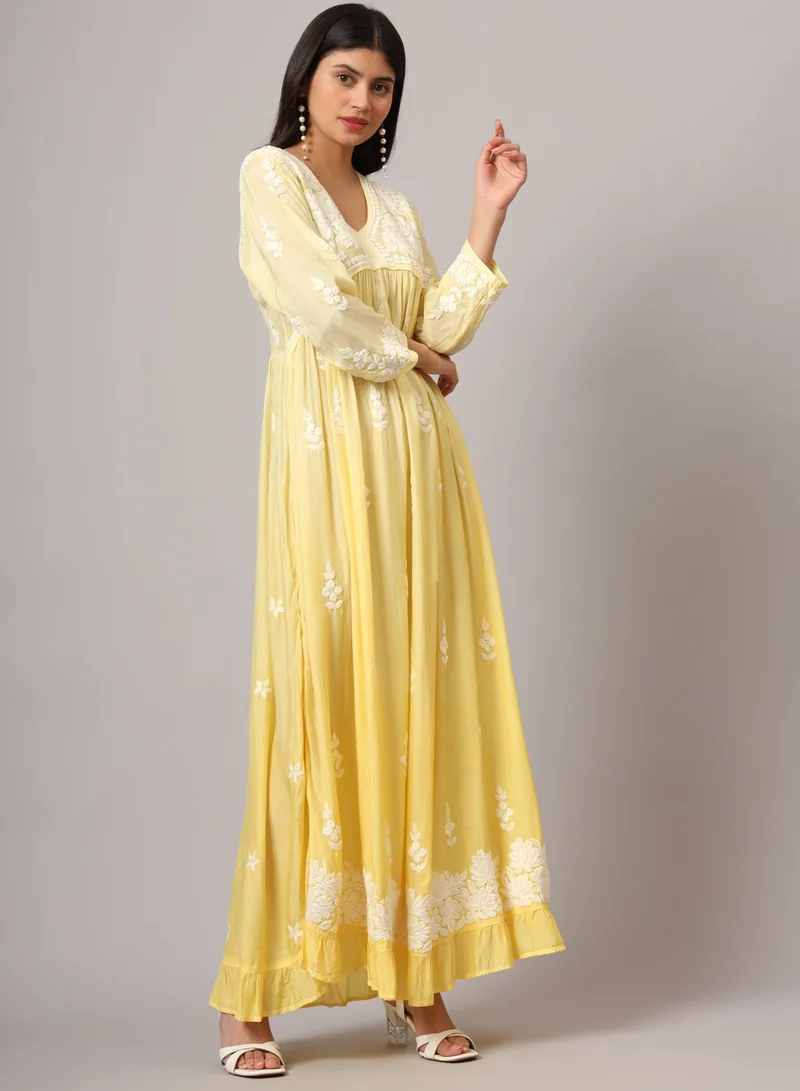 Alaya Hand Embroidered Chikankari A-Line Gathering Pattern Muslin Jalabiya-AL4002
