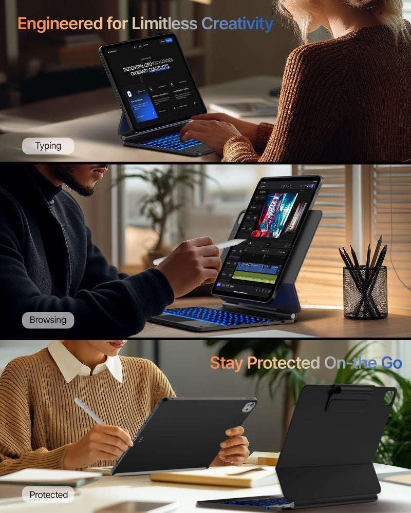 typecase Edge+ Keyboard Case for 2024 iPad Pro 13-inch (M4), Ultra-Slim Detachable Protective Case, Portrait & Typing Modes, Built-in Trackpad, 11-Color Backlight, Magnetic Stand, Pencil Holder, Black - Image 4