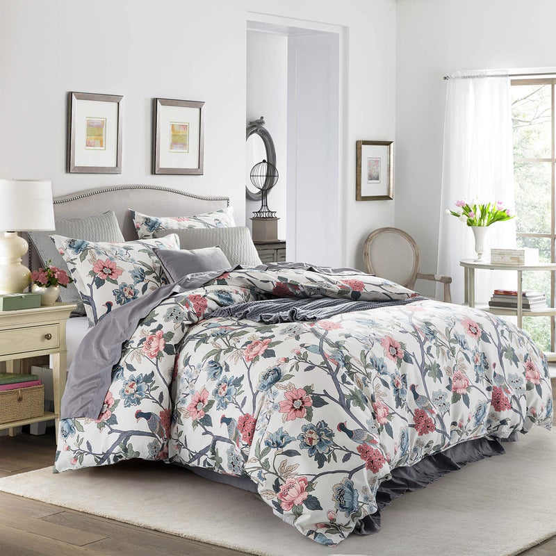 Eikei Cottage Bloom Garden Duvet Cover Set French Country Provincial Chic Floral Birds Bedding Pima Cotton Peony Blossom Windflower Tree Branches Palatial 120x98 Muted Super King
