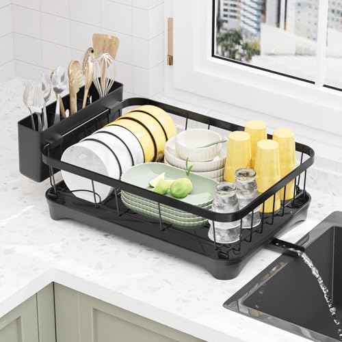LIYI Dish Drying Rack,Adjustable Spout Design,Kitchen Dish Racks,Made of Iron Material,with Removable Draining Board,Suitable for Kitchen and Caravan Use Scenarios,Black - Image 1