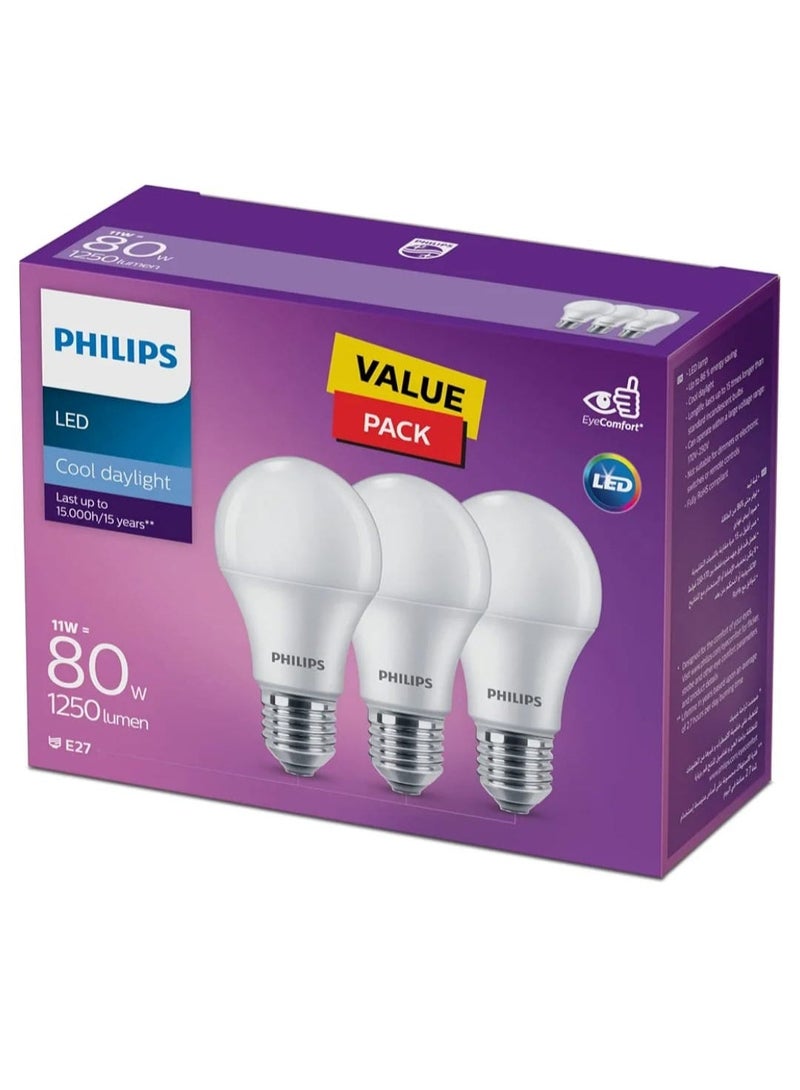 Philips LED Bulb 11W Cool Daylight E27 1250 Lumen Value Pack of 3 Energy Saving Long Lasting Light - Image 2