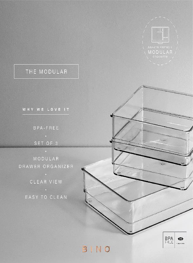 BINO | 3-Piece Drawer Organizer Bin Set | THE MODULAR | Multi-Purpose Storage | Durable | BPA-Free | Desk Drawer Organizer | Vanity Organizer | Bathroom Drawer Organizers | Makeup Drawer Organizer - Image 2