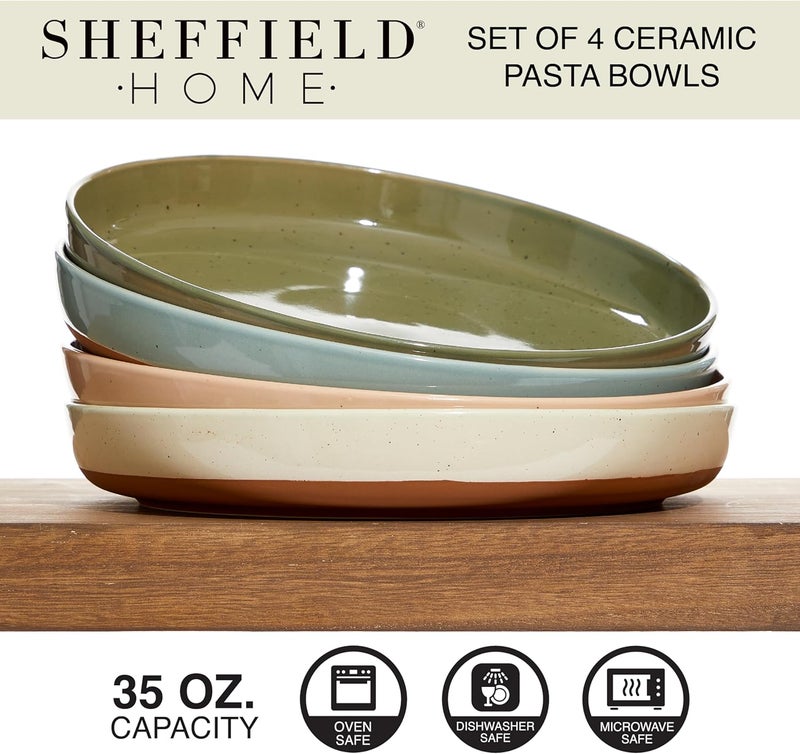 Sheffield Home طقم 4 أطباق باستا مسطحة من شيفيلد هوم من الخزف الحجري أنيقة سعة 35 أونصة لأطباق العشاء والسلطة وغيرها آمنة في غسالة الصحون والميكروويف والفرن متينة للاستخدام اليومي والمناسبات الخاصة بألوان محايدة متنوعة - Image 3