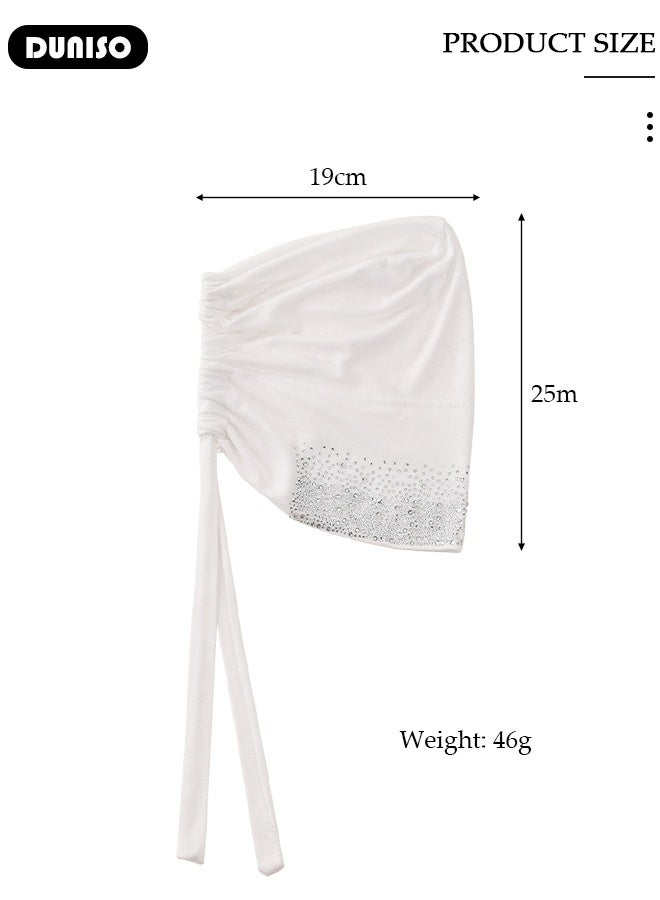 DUNISO Women Hijab Undercap Fashion Solid Color Women Under Scarf Hat Premium Headwear Soft Lightweight Breathable Hot Diamond Islamic Muslim Hijab Undercap with Tie Back Closure for Women Girls（White）  - Image 5
