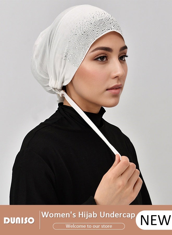 DUNISO Women Hijab Undercap Fashion Solid Color Women Under Scarf Hat Premium Headwear Soft Lightweight Breathable Hot Diamond Islamic Muslim Hijab Undercap with Tie Back Closure for Women Girls（White）  - Image 1