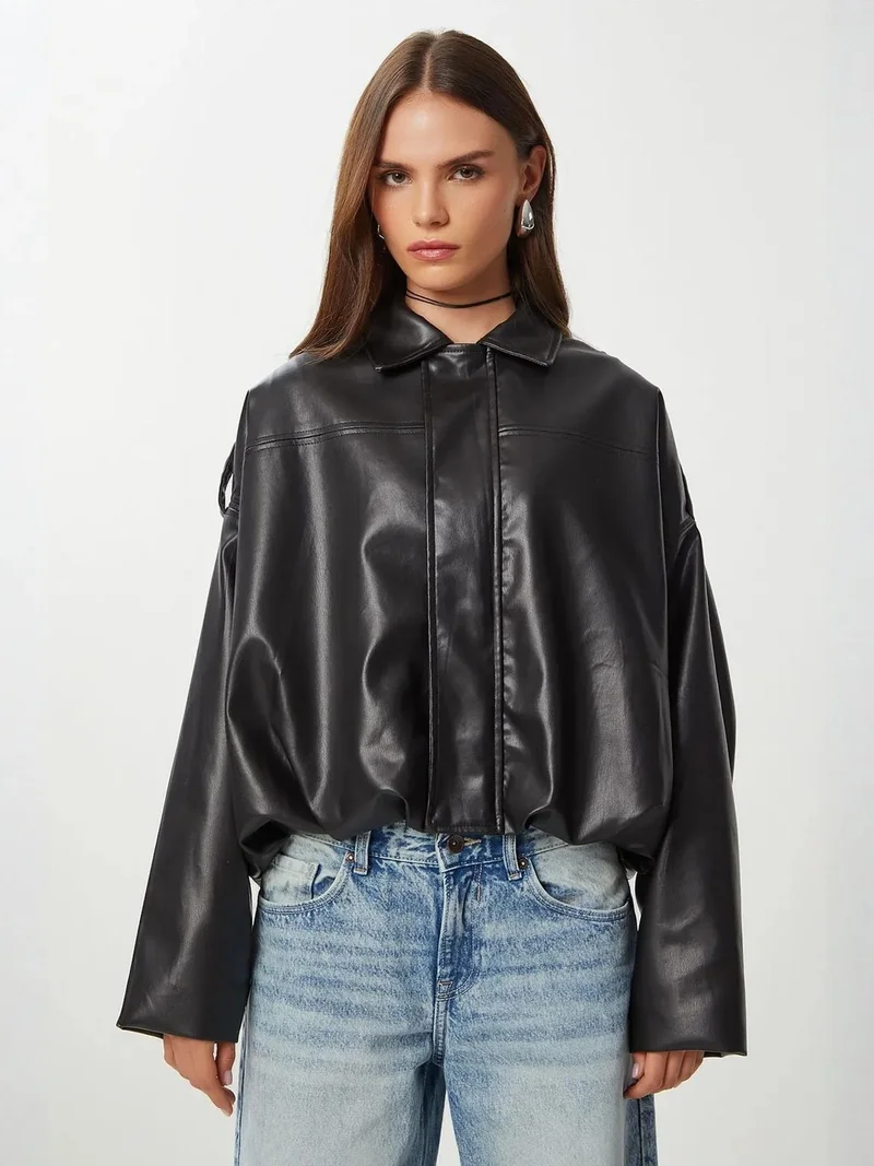 Happiness İstanbul Black ISTANBUL Faux Leather Biker Jacket with Zipper Closure for Women | Best Price UAE