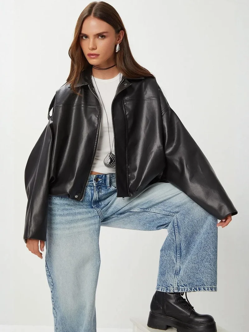 Happiness İstanbul Black ISTANBUL Faux Leather Biker Jacket with Zipper Closure for Women | Best Price UAE
